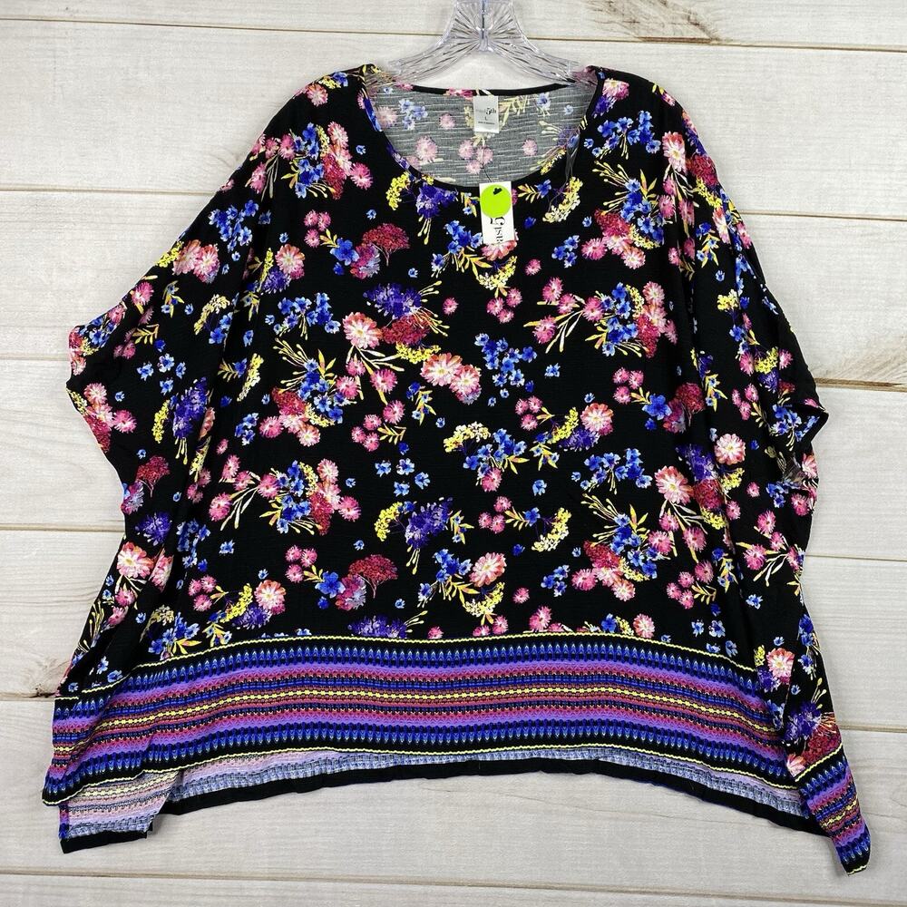 East 5th Top Womens L Black Floral Short Sleeve Poncho Style Pullover NWT